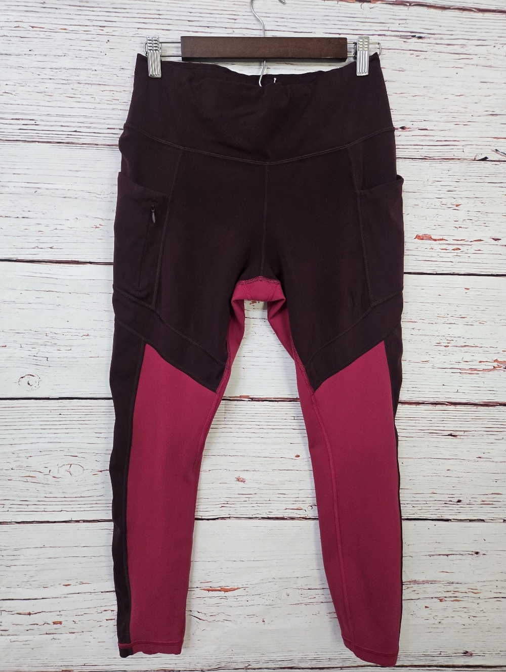 Athleta Colorblock Leggings Pink Burgundy Pocket Athletic Yoga Pants M
